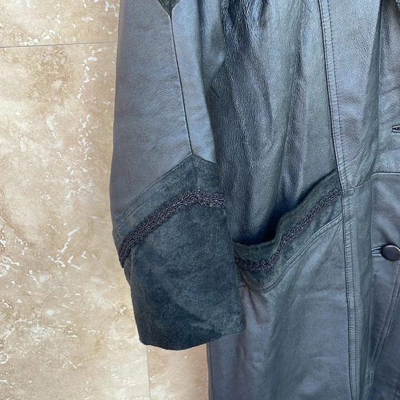 Greg Bell Leather Trench Coat Long Sleeve Collared Button Midi Black Size S - Picture 7 of 16